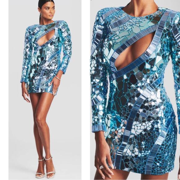Retrofete Kia Mirror Embellished Mosaic Long Sleeve Blue Atoll Mini Dress Sz M - Picture 2 of 15